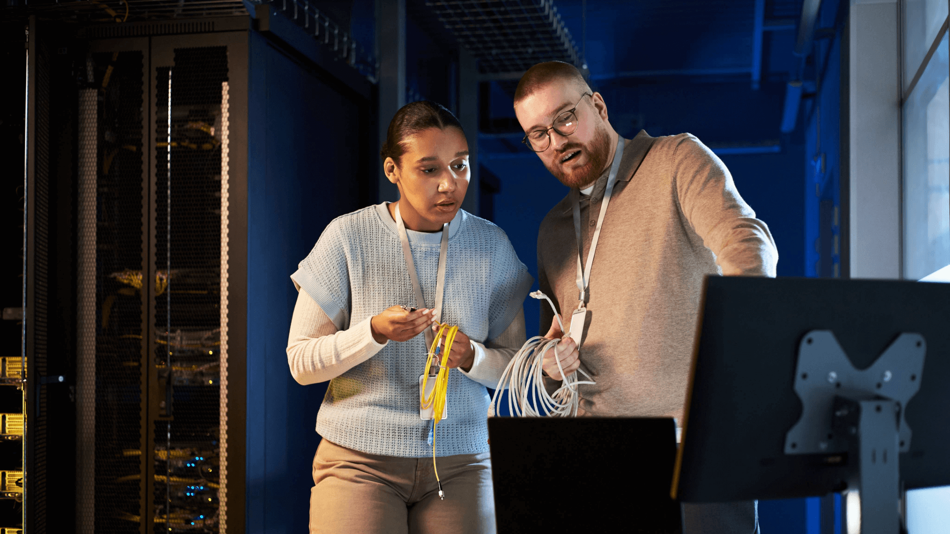two technicians holding wires and looking at computers in an IT room